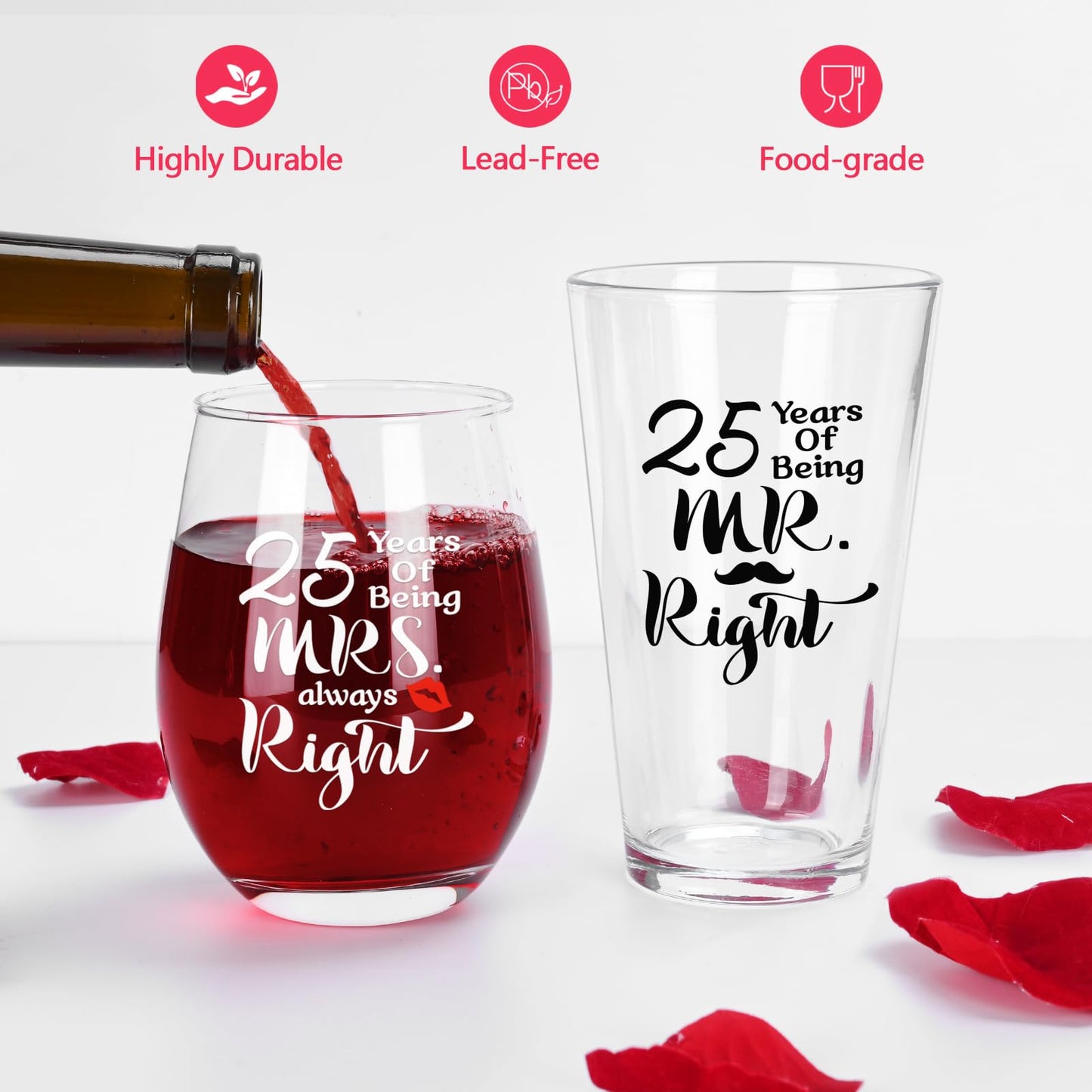Futtumy 25th Anniversary Glass Gifts Set, 25 Years of Being Mr Right & Mrs Always Right 17oz Wine 15oz Beer Glass, 25th Wedding Anniversary for Wife Husband Couple Parents Grandparents Friends