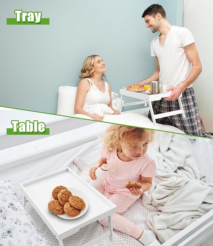 Youpehom Bed Tray Table with Folding Legs, Bamboo Breakfast in Bed for Kitchen Serving Tray, Sofa, Eating, Used As Laptop Desk Snack Tray (4 Pack, White Color)