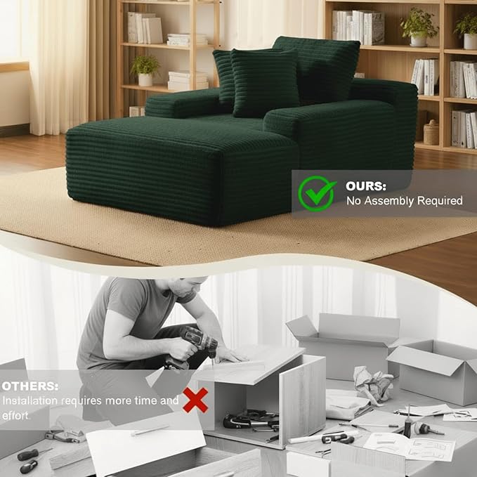 Alpen 66" Oversized Chaise Lounge, Boneless Couch Indoor, Corduroy Couch Boneless Sofa Chair for Reading with Wide Armrest and 3 Throw Pillows, No Assembly Required, Green