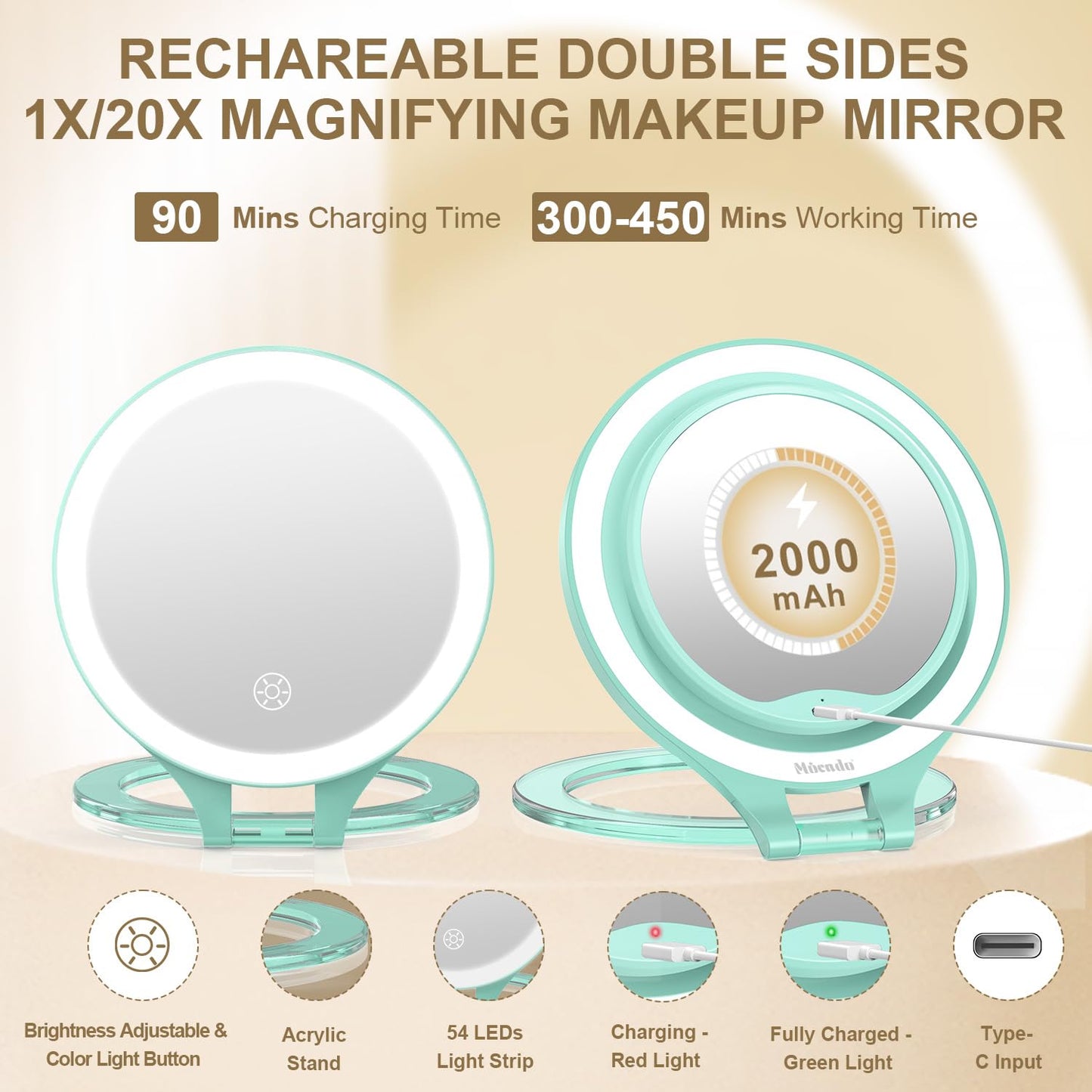 Mocado Travel Makeup Mirror with Light, 1X/20X Magnifying, Double Sided, 3 Color Light, Dimmable Touch, Rechargeable, Tabletop S
