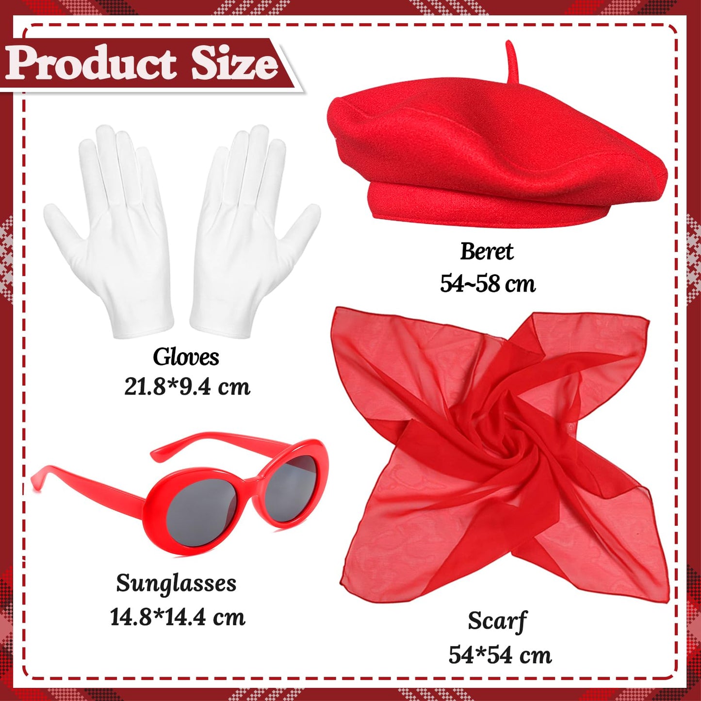 French Women set, Women Fancy Dress Costume Accessories Set French Artist Mime Kit with Red Beret Scarf Sunglasses Gloves for Cosplay Party Supplies Dress Up