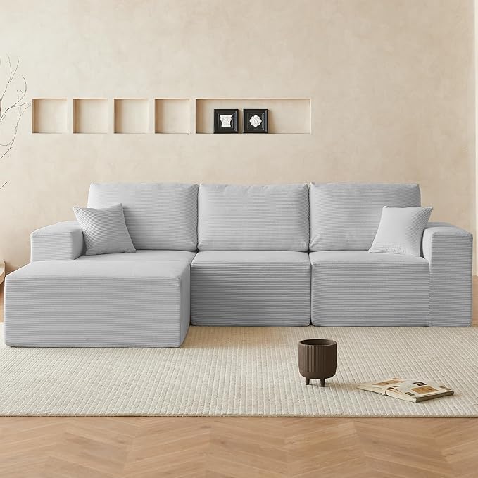 INGEROOM 108" Cloud Sectional Couch with Chaise, Modular L-Shaped Sofa, Deep Seat Comfy Corduroy Memory Foam Couch for Apartments, Dorms or Small Space, No Assembly Required, Gray