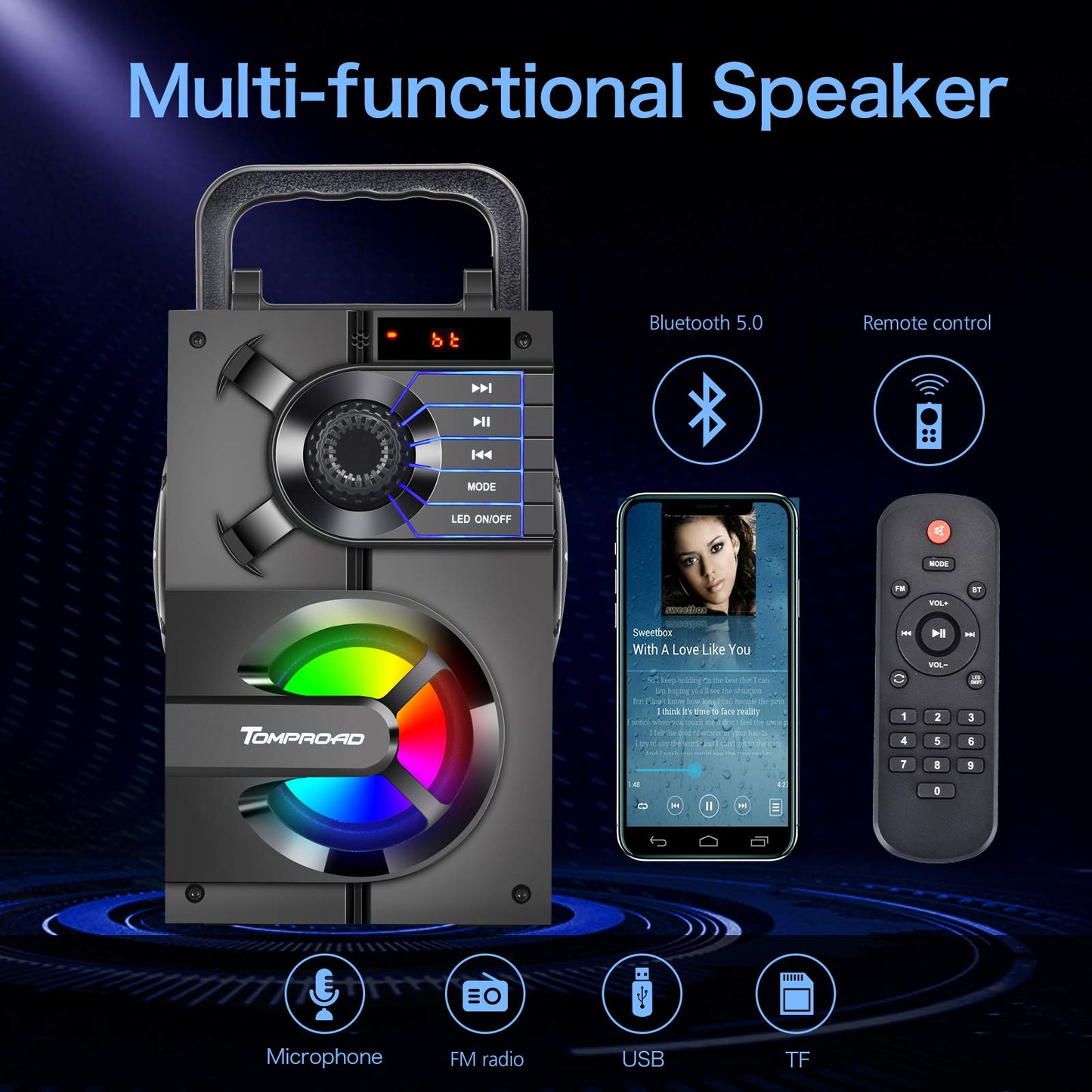 TOMPROAD Bluetooth Speaker, Portable Bluetooth Speakers with Subwoofer Wireless Stereo Sound Rich Bass Outdoor Party Speakers Support Remote Control FM Radio LED Lights