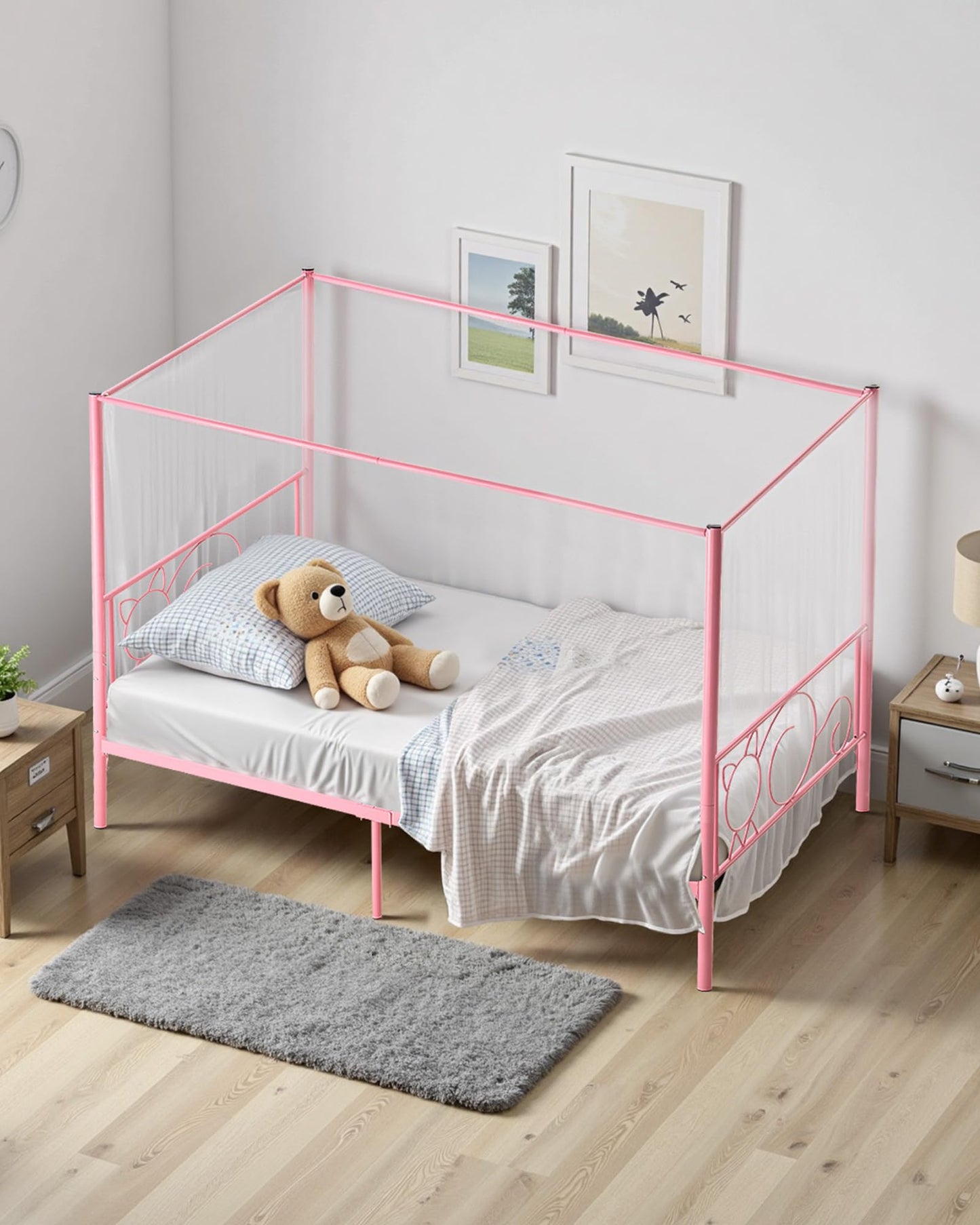 VEVOR Twin Size Canopy Bed Frame, Metal Canopy Bed with Minimalist Headboard & Four Posters Design, Heavy Duty Steel Slats Support, Underbed Storage Space, No Box Spring Needed, Easy Assembly, Pink