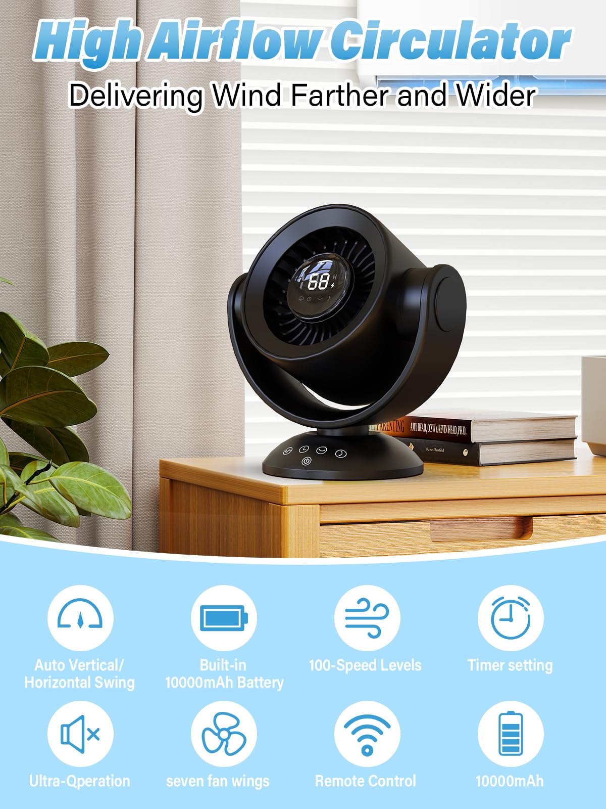 SECHKISS Desk Fans for Bedroom,Air Circulator Fan,90°Vertical +120°Auto Oscillating,100 Speeds, 10H Timer, Quiet Fan,Digital Display Rechargeable USB, with Remote, for Home, Office(Black)