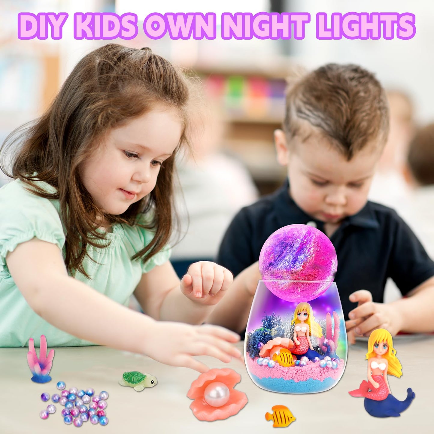 SCWGTPJ Mermaid Gifts for Girls- Mermaid Terrarium Crafts Kit, DIY Toys Kit for Kids Girls,Arts and Craft, DIY Moon Lamp LED Night Light Christmas Birthday Gift for Girls