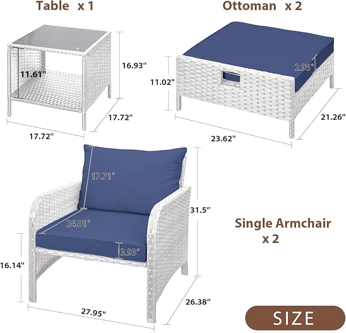 LEVELEVE Balcony Furniture 5 Piece Patio Conversation Set, PE Wicker Rattan Outdoor Lounge Chairs with Soft Cushions 2 Ottoman&Glass Table for Porch