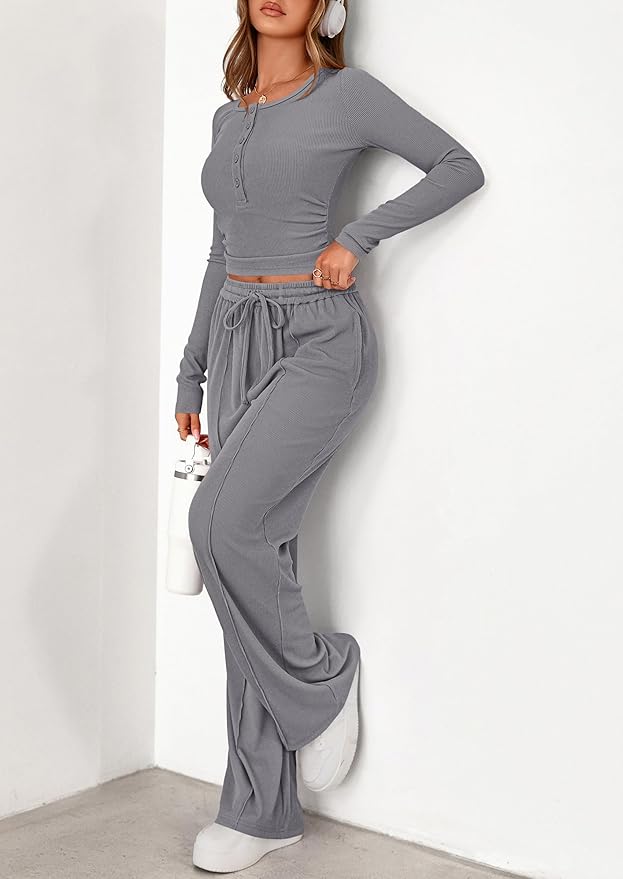 PRETTYGARDEN Women's 2026 Fall Trendy 2 Piece Outfits Lounge Sets Long Sleeve Top Henley Shirts Wide Leg Pants Travel Clothes