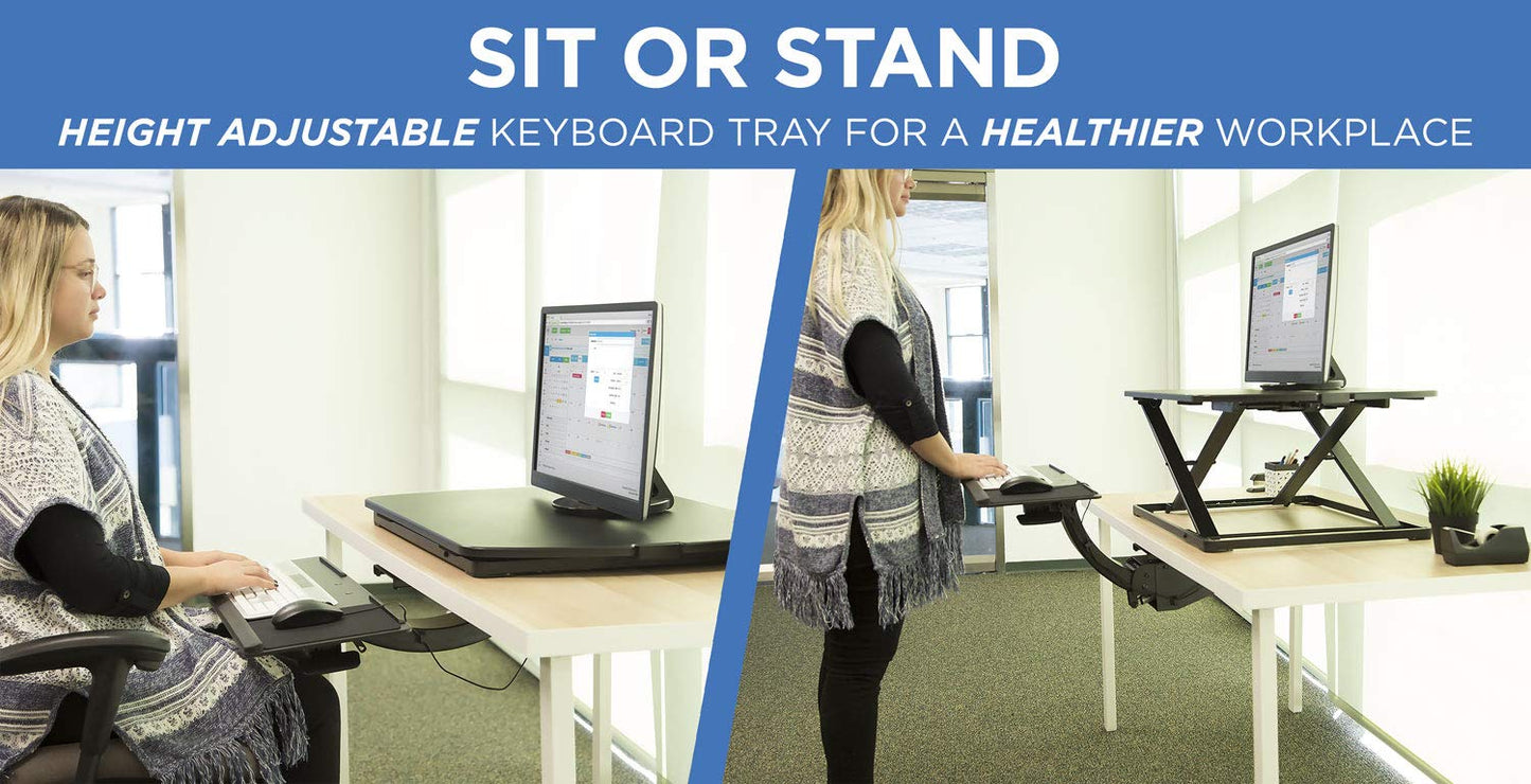 Mount-It! Sit Stand Keyboard Tray, Height Adjustable Under Desk Keyboard and Mouse Drawer, Full Motion Standing Design with 13.4 Inches of Vertical Adjustment, 26.5 in Wide Platform