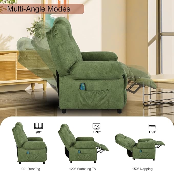 Pushback Massage Recliner Chair with Heat, Fabric Heated Massaging Reclining Chair Single Sofa for Adults, Mid Century Small Push Back Manual Recliner for Living Room,Green