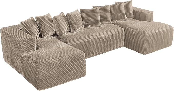 Modular Sectional Sofa, 130" U Shaped Cloud Couch Plush Corduroy Comfy Deep Seat Boneless Sofas with 8 Pillows Double Chaise Lounge Sectional Couches with Memory Foam for Living Room - Light Camel