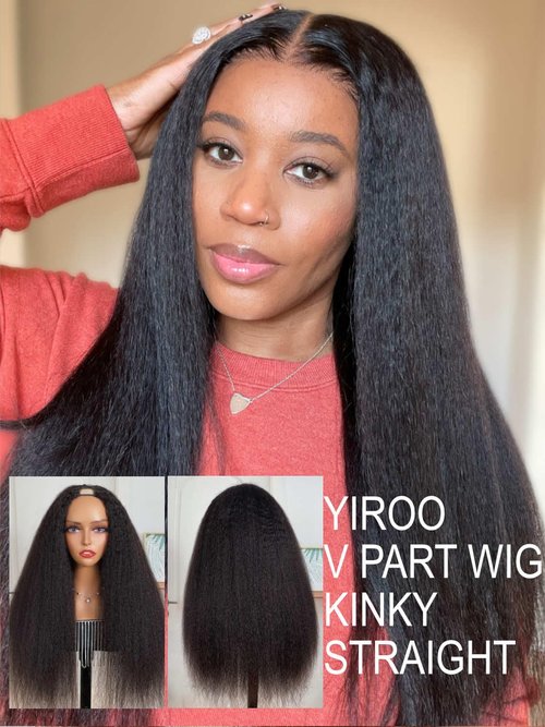 YIROO Hair V Part Wig Human Hair Kinky Straight Wig No Leave Out Upgraded U Part Wigs for Women 12A Yaki Straight Glueless Wear And Go V Shape Clip in Wigs Beginner Friendly 150% Density 18 Inch