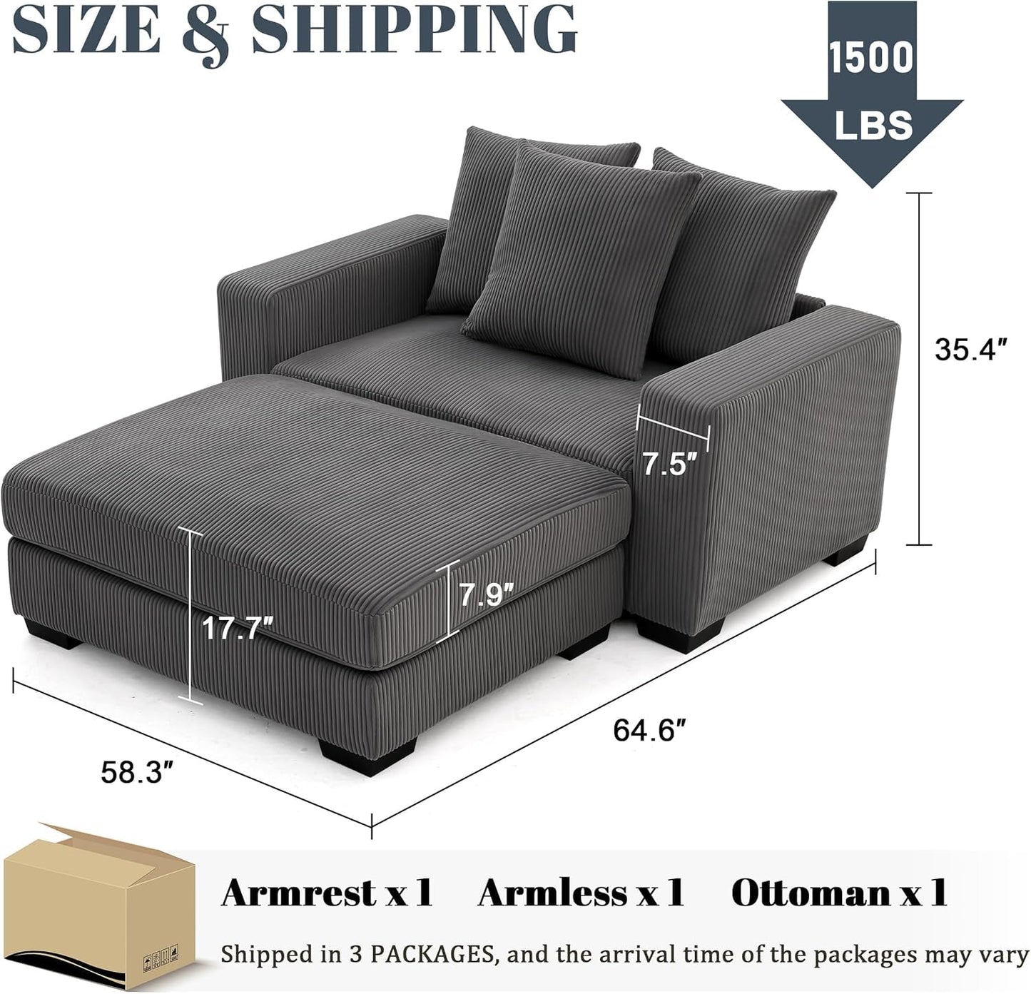 Mangodan 58.3" Oversized Chaise Lounge Indoor for Living Room, Solid Wood Comfy Sleeper Reclining Chair with Thickened Cushions Widened Armrests for Bedroom, Deep Seat Lounge Chair with Ottoman, Grey