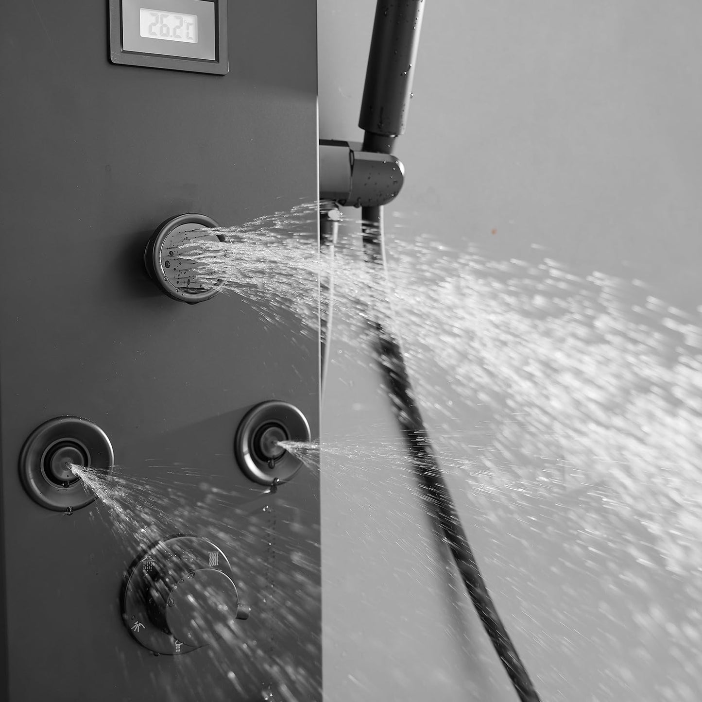 Greenspring Shower Panel Tower System, Stainless Steel Multi-Function Shower Panel, Shower Tower with 5 Body Jets Handheld Shower Wand Tub Spout and Rainfall Head Temperature Display, Black