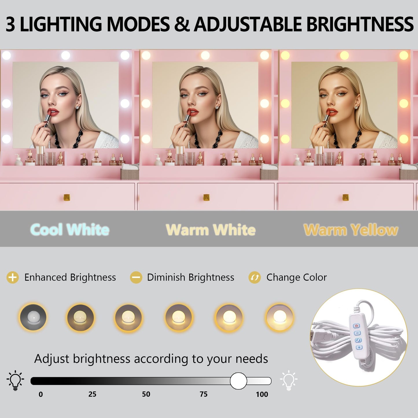 Vanity Desk with Mirror and Lights, Small Makeup Vanity Table with RGB Storage Cabinet & Power Strips & Shelves, 3 Lighting Modes & Adjustable Brightness, Dressing Table for Women Girls Bedroom, Pink