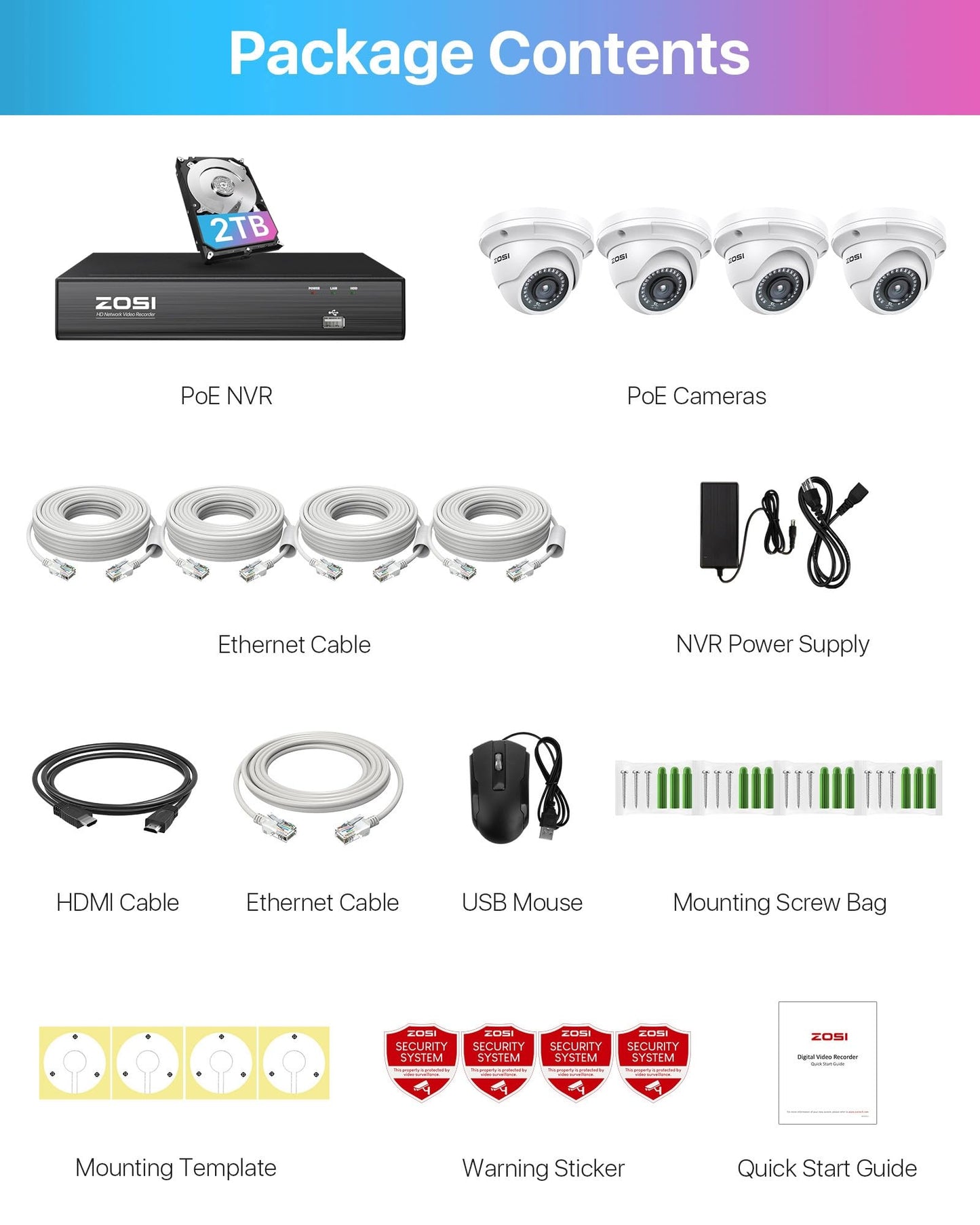 ZOSI 8CH 4K PoE Security Camera System with 2TB Hard Drive,4pcs 3K 5MP Outdoor Indoor PoE IP Dome Cameras,Night Vision,Motion Alert,Remote Access,8 Ports 16CH 8MP NVR Recorder for Home 24/7 Recording