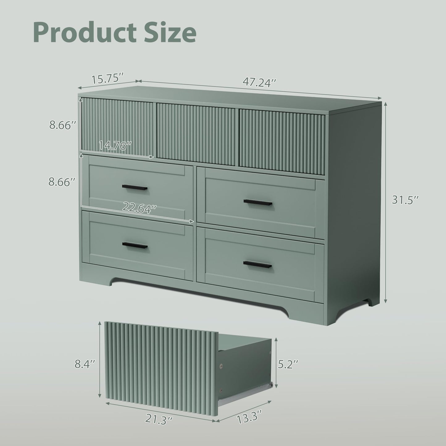 UEV Fluted Dresser for Bedroom with 7 Drawers, 47" Modern Chest of Drawers with Metal Handle, Wood TV Stand, Closet Storage Organizer for Living Room, Hallway, Green
