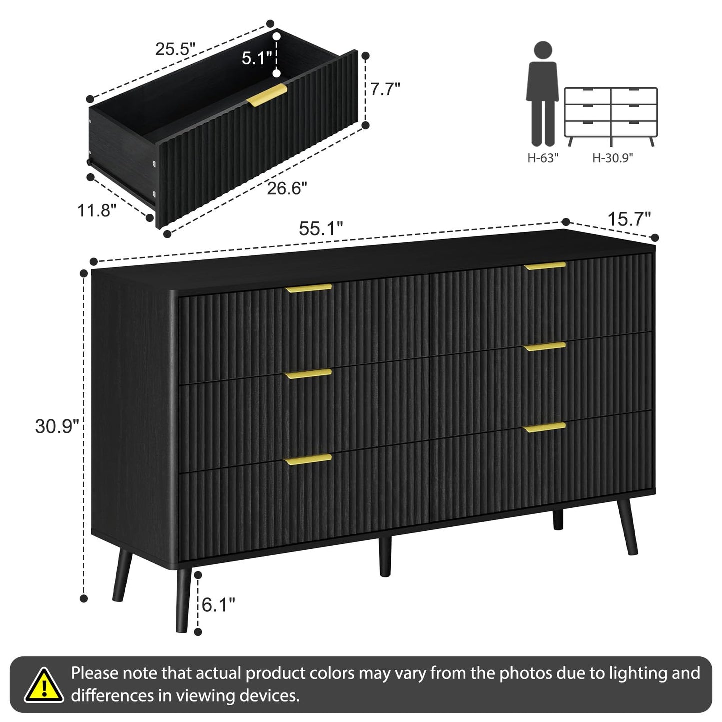 LYNSOM 55" Wide Fluted Dresser for Bedroom with 6 Drawer, Modern Chest of Drawers with Curved Profile Design and Metal Handles, Wood Dresser TV Stand & Storage Organizer for Living Room, Black