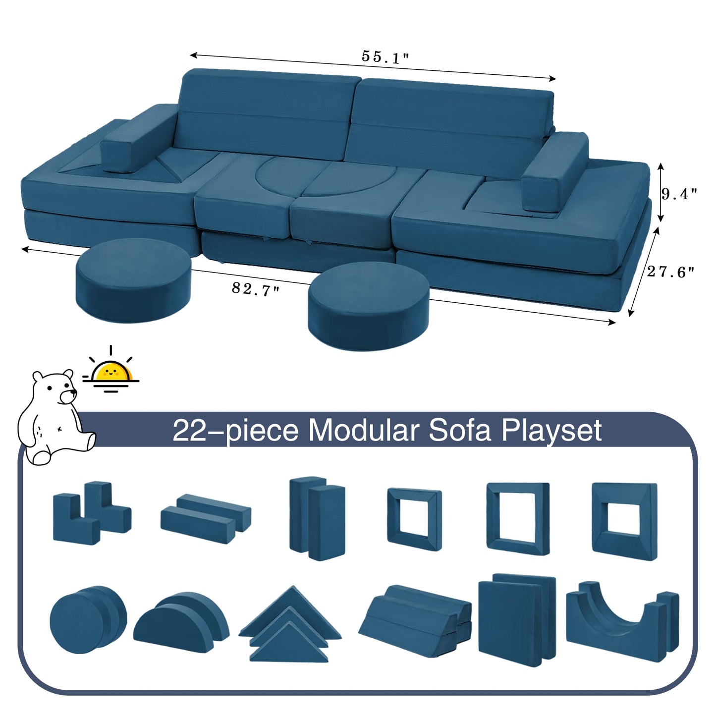 Edbuosy 22Pcs Modular Kids Play Couch - Kids Couch for Playroom Bedroom Living Rooms Toddler Sofa for Inspiring Child Creativity,Children Convertible Foam Sofa