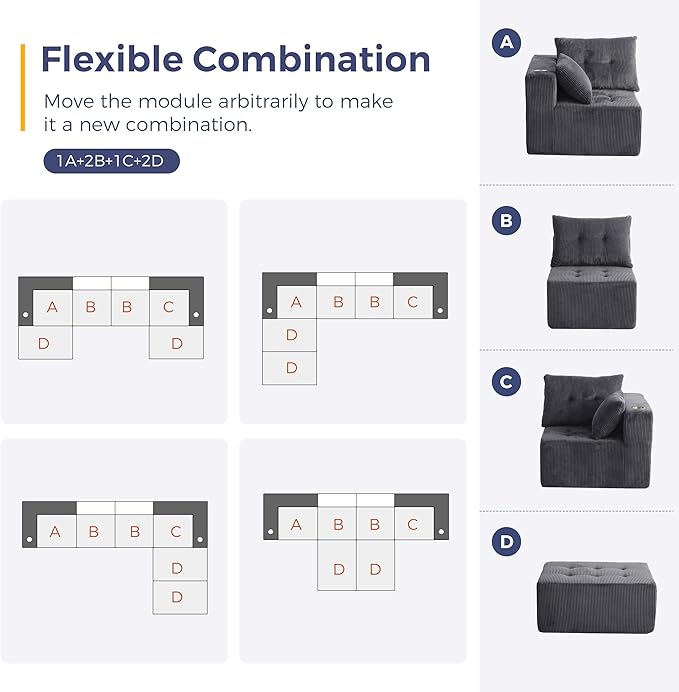 MAXYOYO 129.5" Modular Sectional Sofa Couch, U Shaped Modern Cloud Couch with 2 Ottomans, Sofa in A Box, Tufted 6-Seat Boneless Sleeper Chair for Living Room, No Assembly Required, Grey
