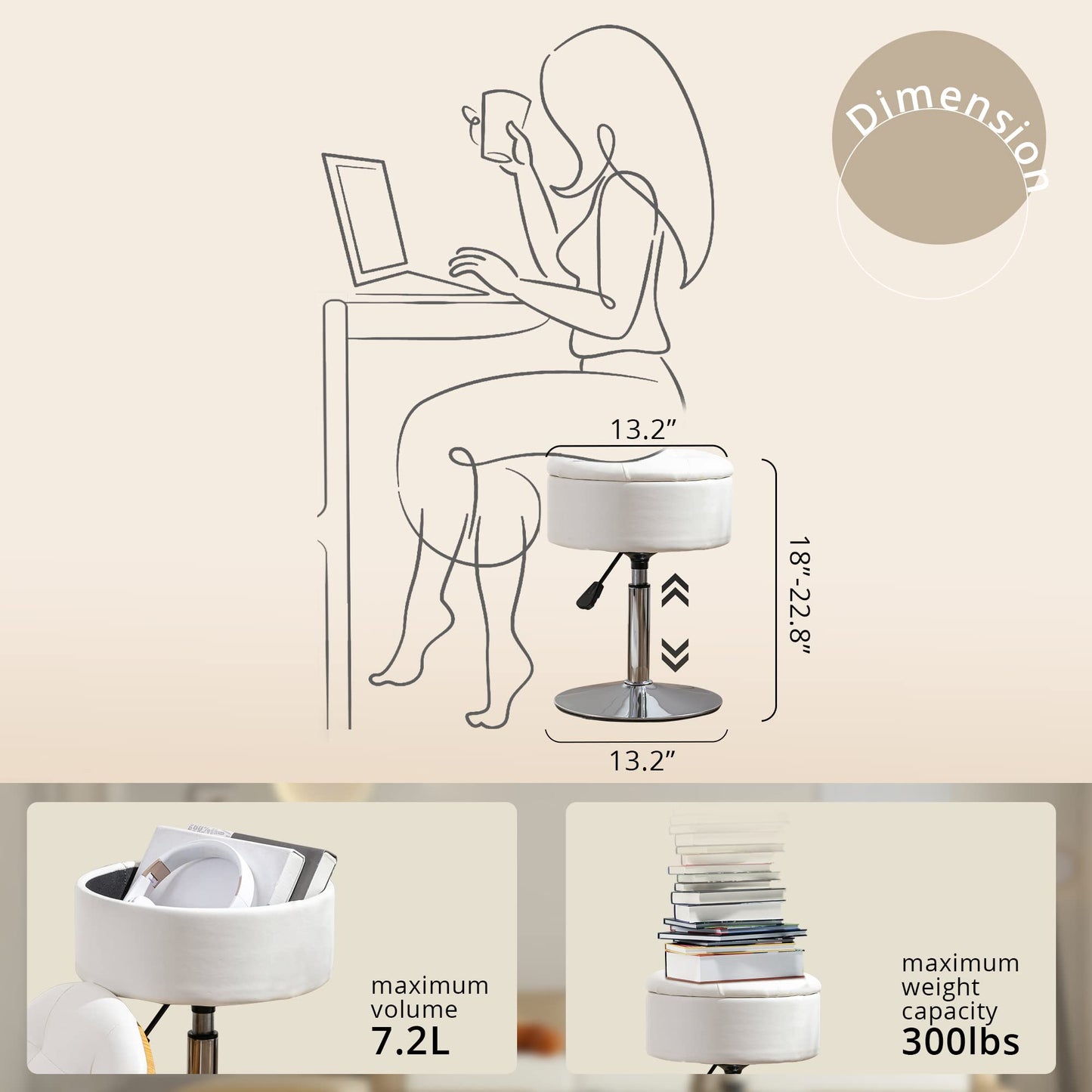 LUE BONA 360°Swivel Vanity Stool Chair for Makeup Room, Height Adjustable Stool for Vanity with Storage, Small White Faux Leather for Bathroom, Living Room