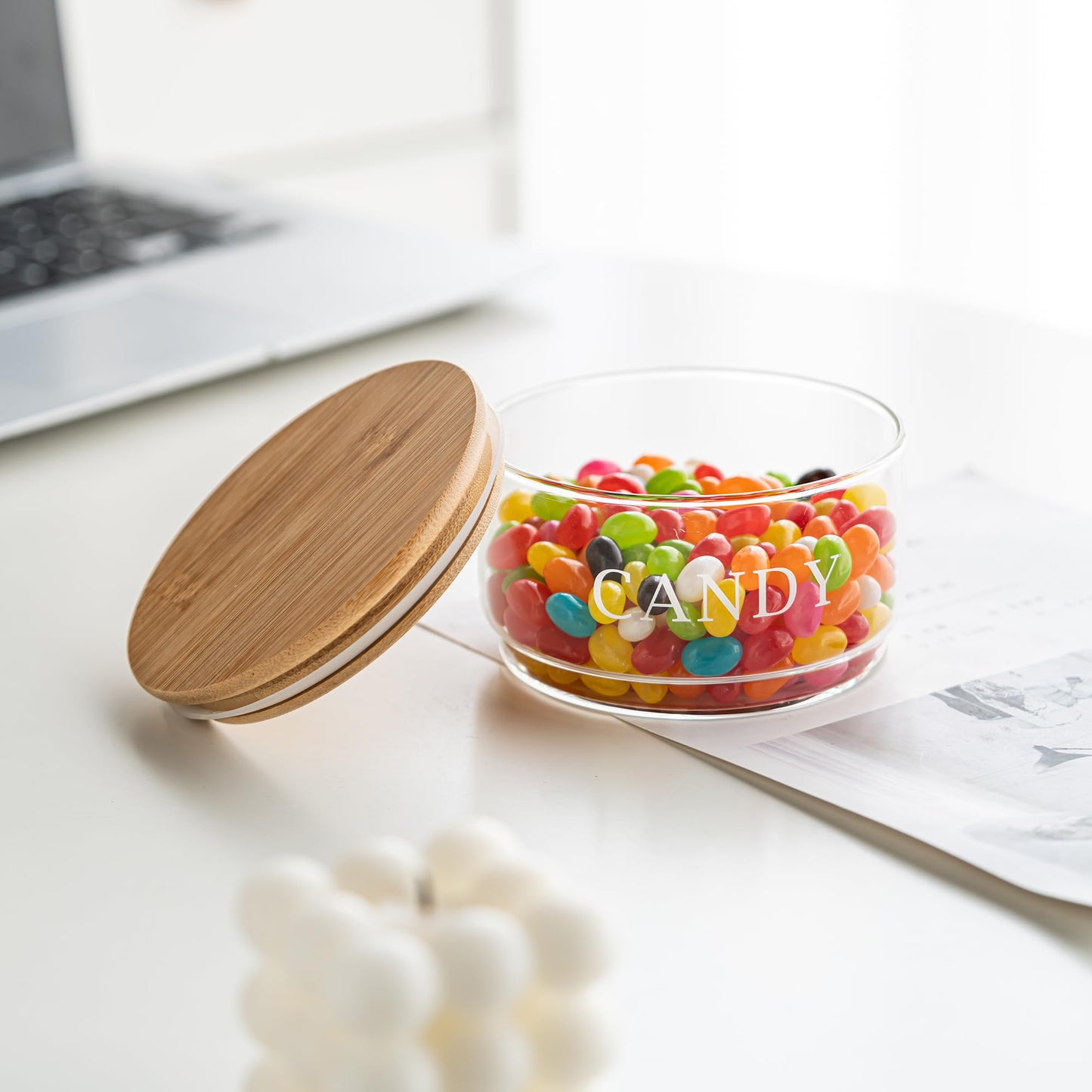 KEKEHOME 11oz Glass Candy Dish with Lid Covered Candy Bowl Decorative Cookie Jar Clear Salad Bowl Buffet Storage Container for Home Kitchen Coffee Table Office Desk and Party Wedding
