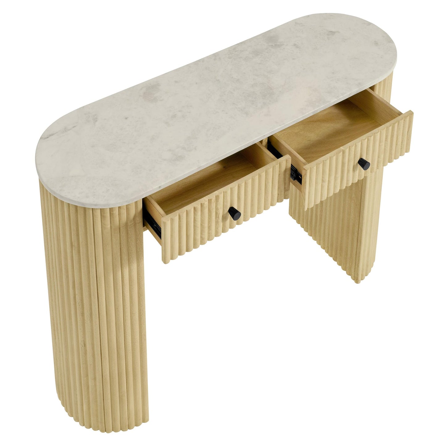 Modway Caldera 42-Inch Curved Solid Wood Fluted Console Table in Natural with Oval Marble Top – Narrow Entryway Table with 2 Drawers