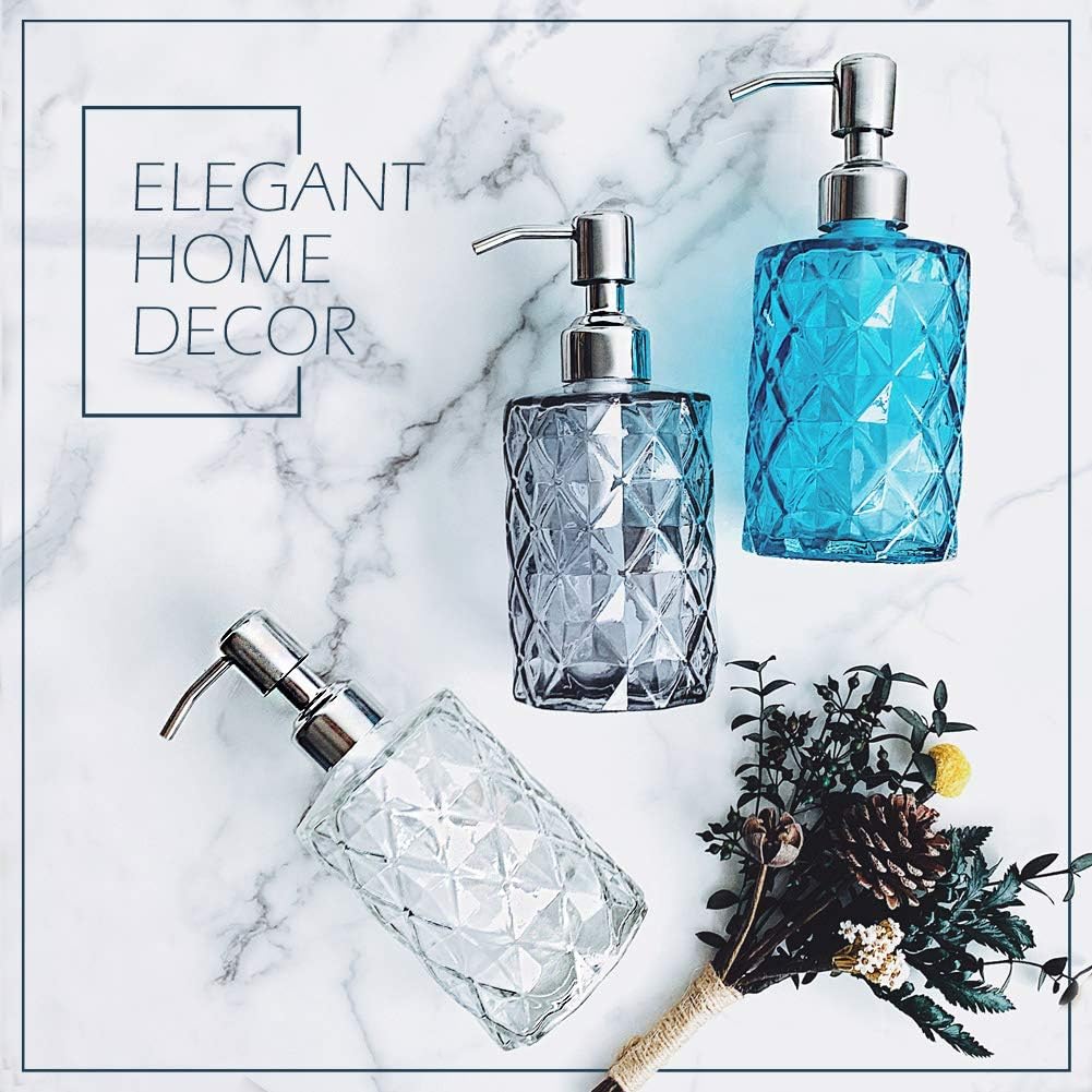 JASAI Diamond Design Glass Soap Dispenser with 304 Rust Proof Stainless Steel Soap Pump, 12 Ounce Kitchen Soap Dispenser for Bathroom, Hand Soap, Dish Soap (Grey)