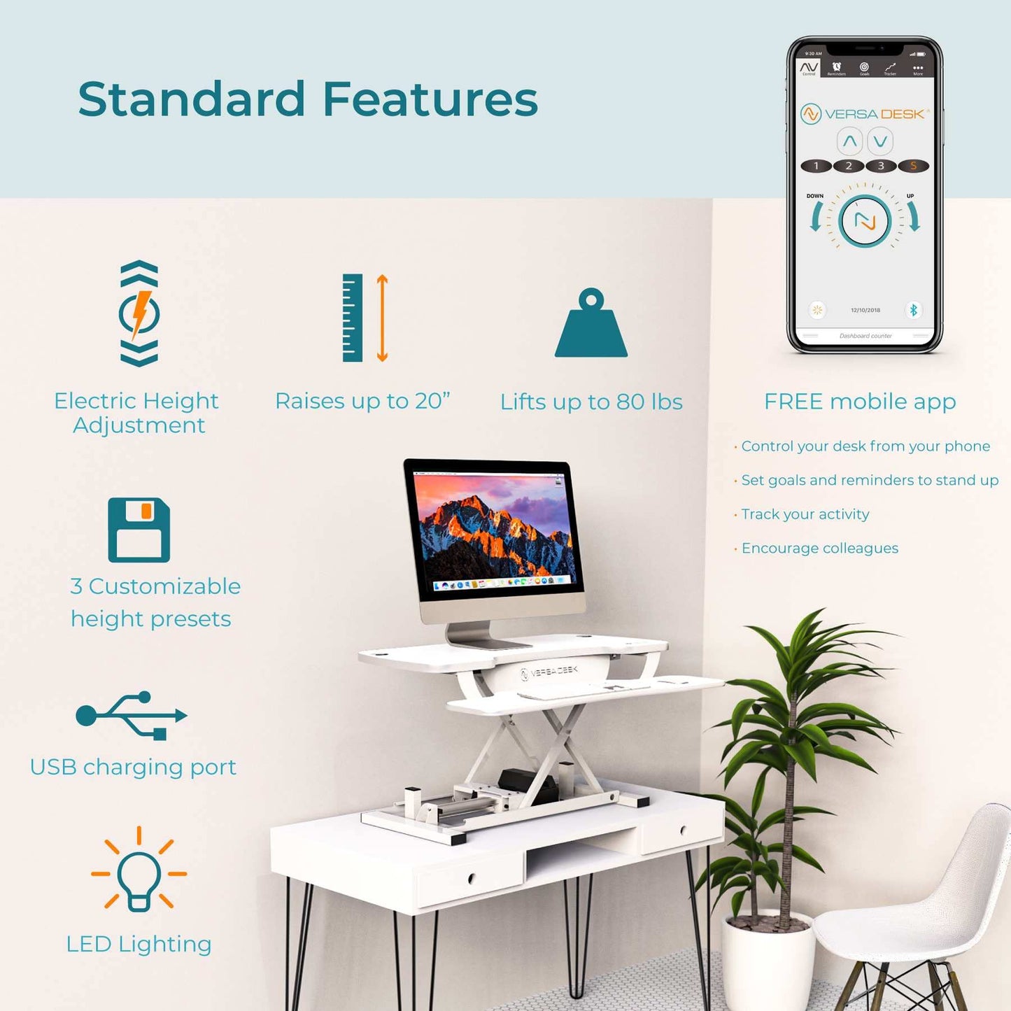 VERSADESK® PowerPro™ Elite 36” x 24" – App Controlled Electric Standing Desk Converter w/USB Charging Port. Raises up to 20”. Fully Assembled – Includes LED Lights. Supports 80 lbs. – Cherry