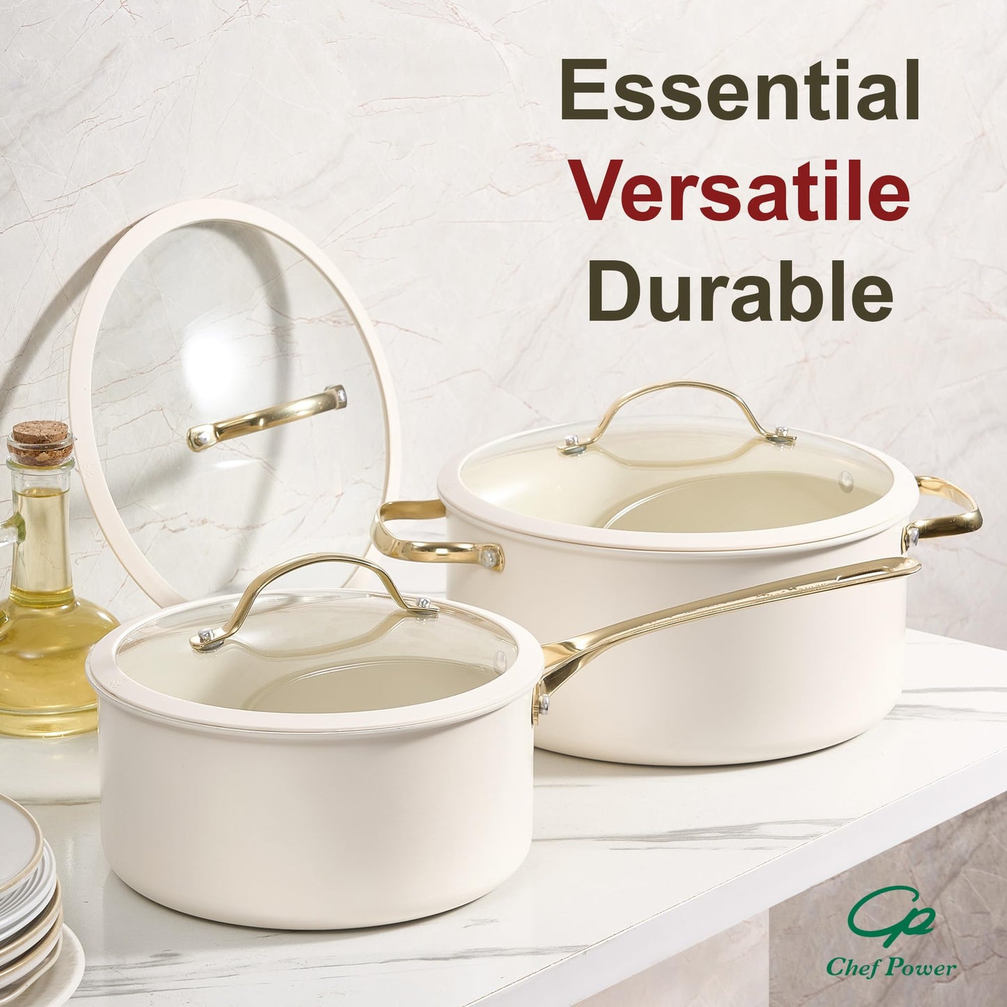 Chef Power Ceramic Cookware Sets, 15Pcs Pots and Pans Set Non Stick, Cookware Set with Stainless Steel Handle, Dishwasher & Oven Safe, Cream White and Light Gold Handle