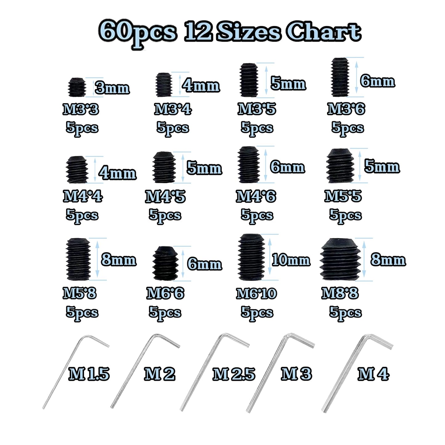 60pcs Set Screws, Set Screws Assortment Kit, Grub Screws M3 M4 M5 M6 M8 for Home Repair, Repair Furniture, Electronic Product, Install Door Lock, DIY, Fixtures, 12 Sizes