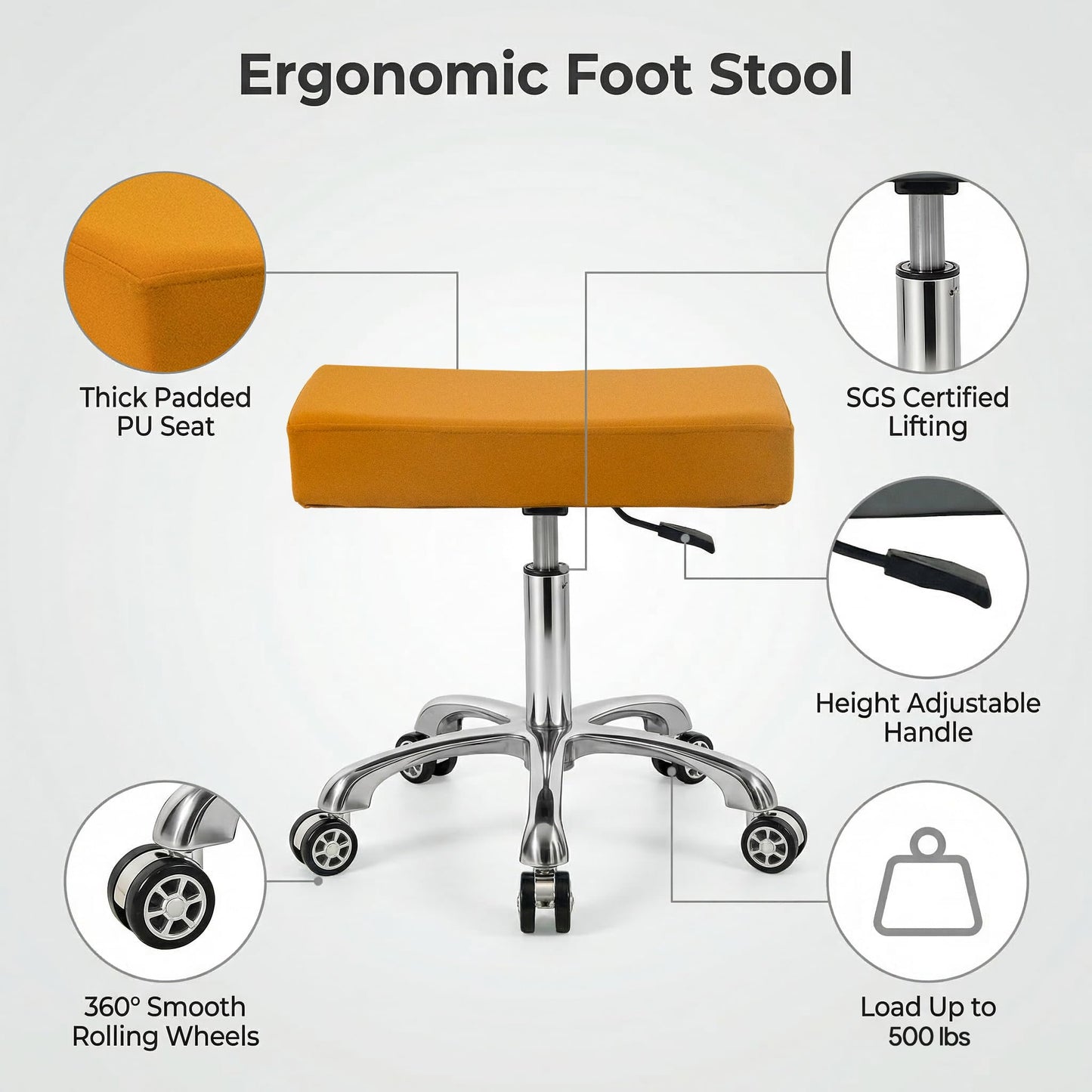 Lilfurni Adjustable Heavy Duty Rolling Swivel Stool Chair for Massage Office Tattoo Home,Work Stool with Wheels(Camel)