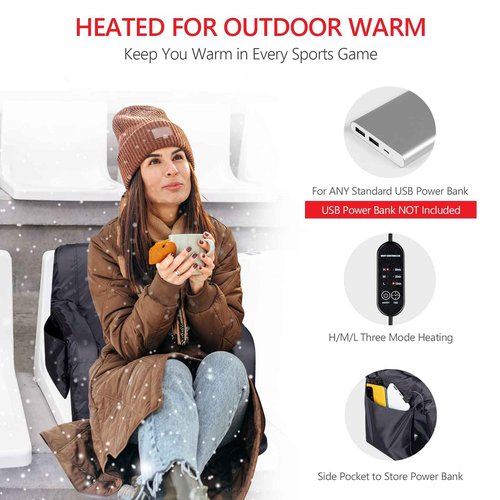 PEXMOR Heated Stadium Seats w/Back Support 3 Level Heating, 5 Reclining Positions Portable Bleacher Chair w/Cushion & Armrest, w/2 Pockets, Carrying Bag, No Battery