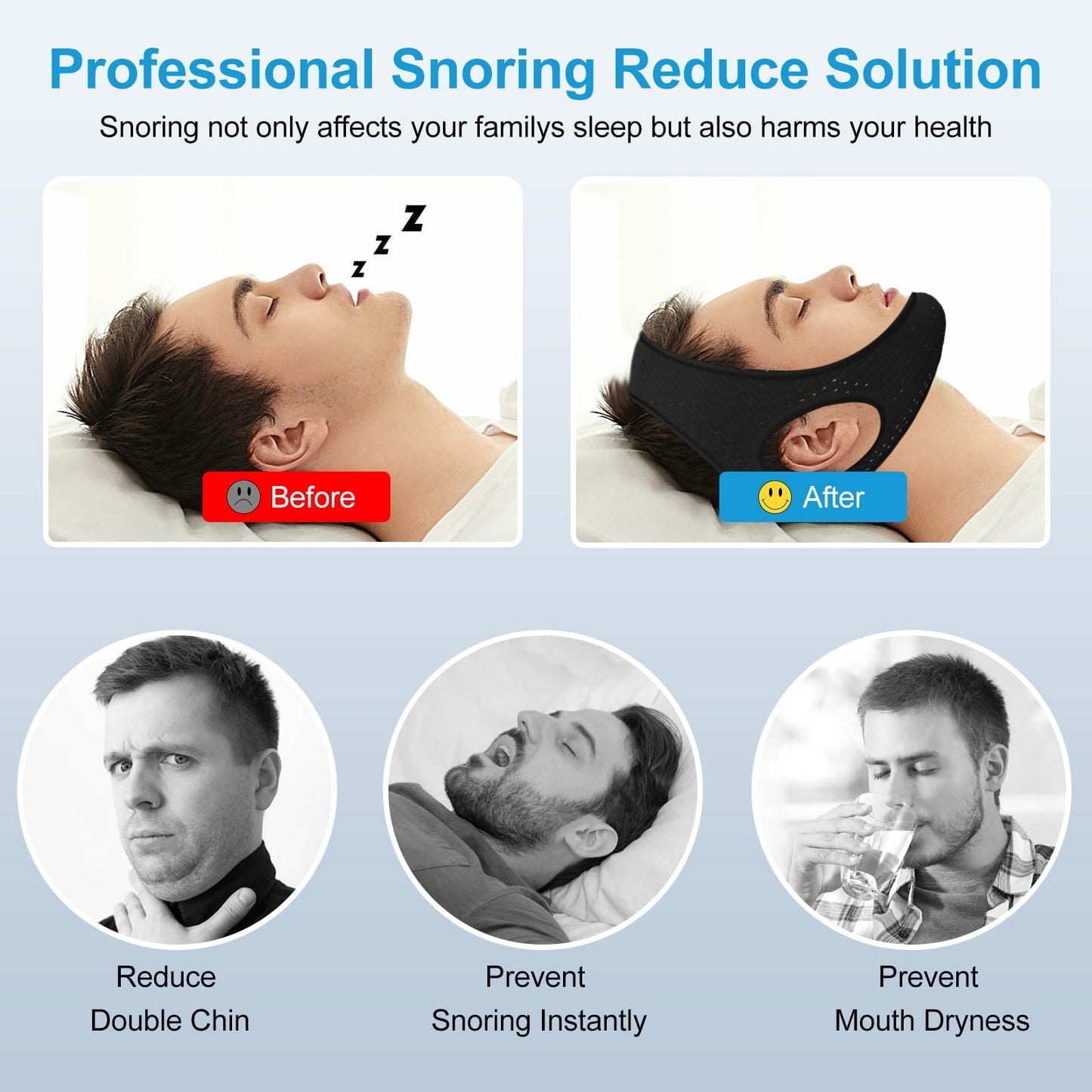 Anti Snoring Devices - Chin Strap for Sleeping - Simple and Effective Stop Anti Snoring Chin Strap - Adjustable Airflow Jaw Strap - Snoring Solution for Women and Men - Black7AB