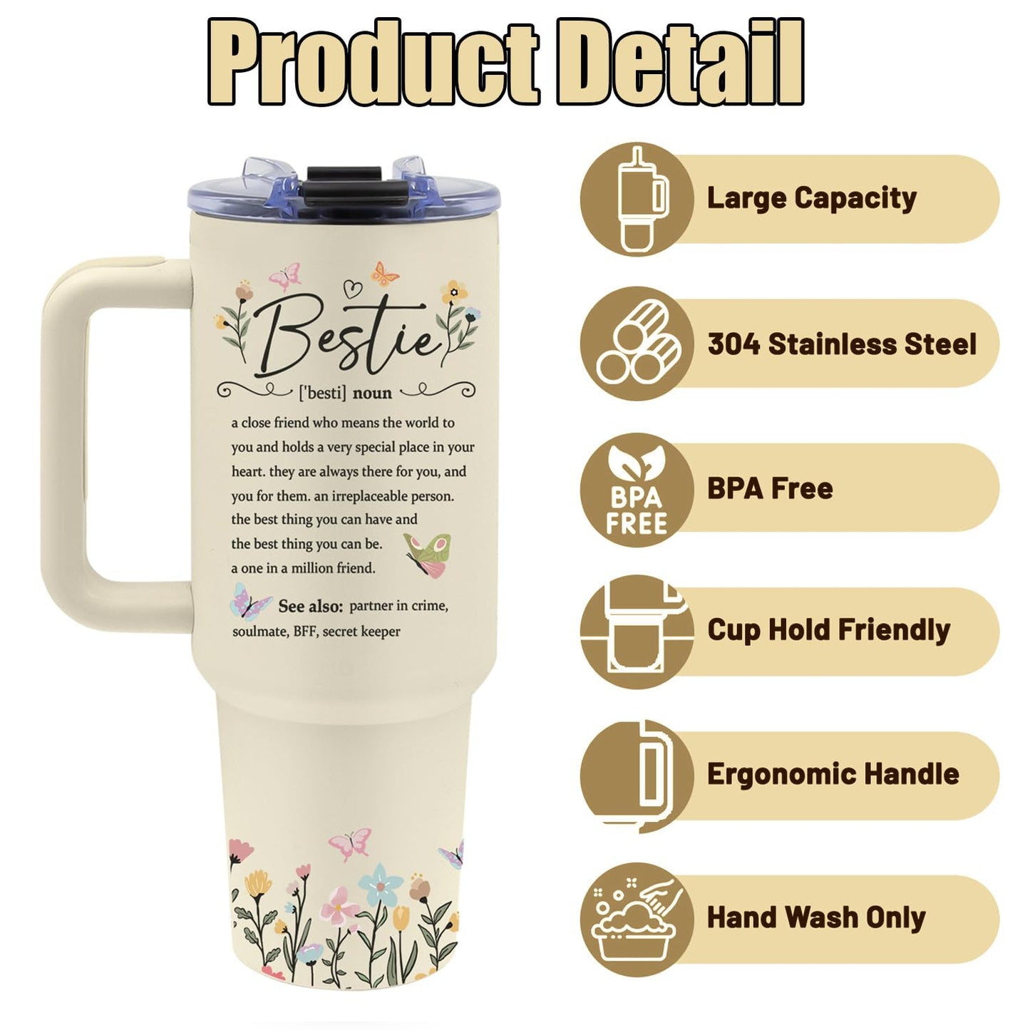 Vprontse Best Friend Tumbler with Handle 40oz - Bestie Gifts for Women, Bestie Cups Tumbler, Birthday Gifts for Best Friend Woman, Friendship Gift for Women Birthday, Christmas