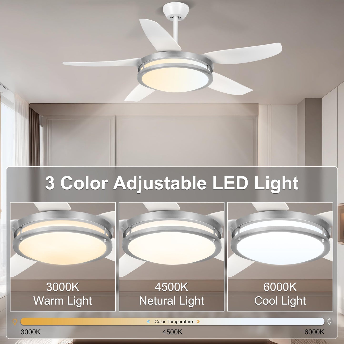 Ohniyou 48 Fandelier Ceiling Fan With Light - Modern Ceiling Light Fixture With Fan And Remote, 3 Colors Led Ceiling Fan For O
