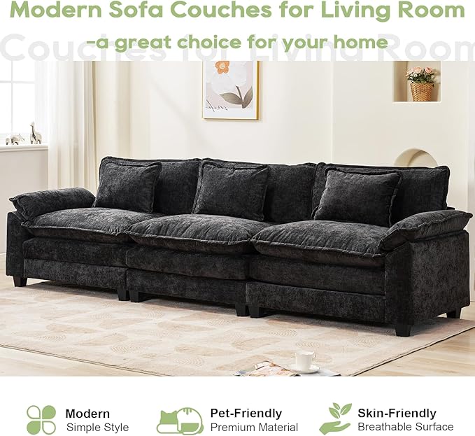 Oprisen 120" Modular Sectional Sofa, Comfy Cloud Couch Sectional Sofa, Chenille Sofa Sleeper Deep Seat Sofa with Throw Pillows for Living Room (Black, 120"- 3 Seater)