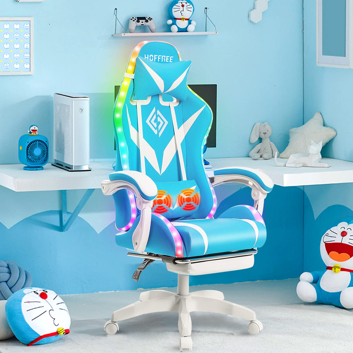 RGB Gaming Chair with LED Lights and Massage Ergonomic Computer Chair Cute with Footrest High Back Video Game Chair with Adjustable Lumbar Support Linkage Armrest Light Blue and White