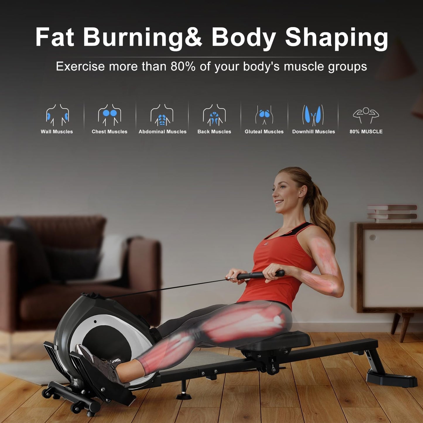Magnetic Rowing Machine for Home Fitness with Extended Slide Rail,Compact Rower Machine Adjustable 8-Speed Booster, Supports Up to 265 LBS,Phone&Tablet-Ready Design