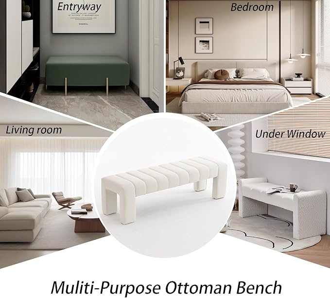 AIITTCC Velvet End of Bed Bench Upholstered Modern 59" Bedroom Bench for King Bed Bench Tufted Window Bench Comfy Long Ottoman for Living Room/Entry/Indoor (Ivory White, 59" Wide)
