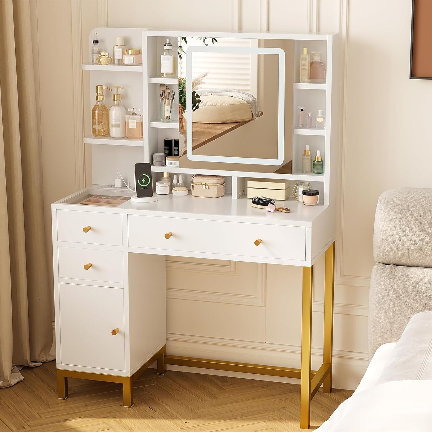 Garvee White Vanity Desk with Mirror and Lights, Glass Top Makeup Vanity White and Gold Dressing Table with Charging Station Large Vanity Desk with 3 Drawers, 3 Color Lighting Modes for Women Girl