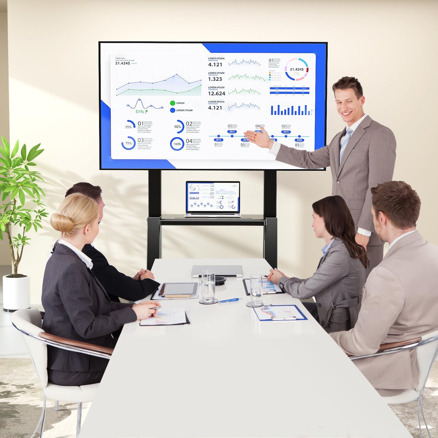 Heavy Duty Rolling TV Mount Stand for 60-105 Inch TVs up to 386 lbs, Smart Board Stand for Interactive Whiteboard, Mobile TV Cart with Storage Shelves on Wheels, Height Adjustable, Max VESA 850x600mm