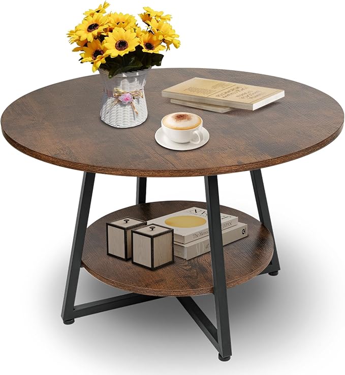 Masigle Round Coffee Table, 2-Tier Circle Coffee Table with Storage, Modern Wood Round Center Table, for Living Room, Small Space, Home Office, Easy Assembly, Rustic Brown