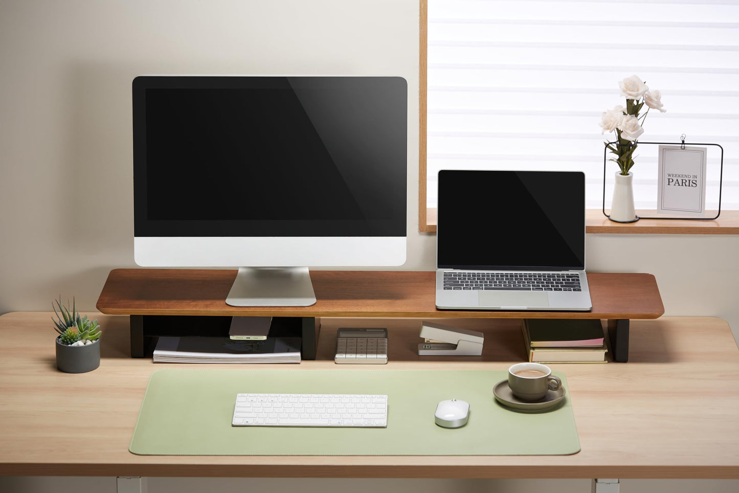 Ive Design Walnut Monitor Stand For Desk (44 Inch) Large Monitor Stands For 2 Monitors, Desk Shelf For Top Of Desk Walnut Monito