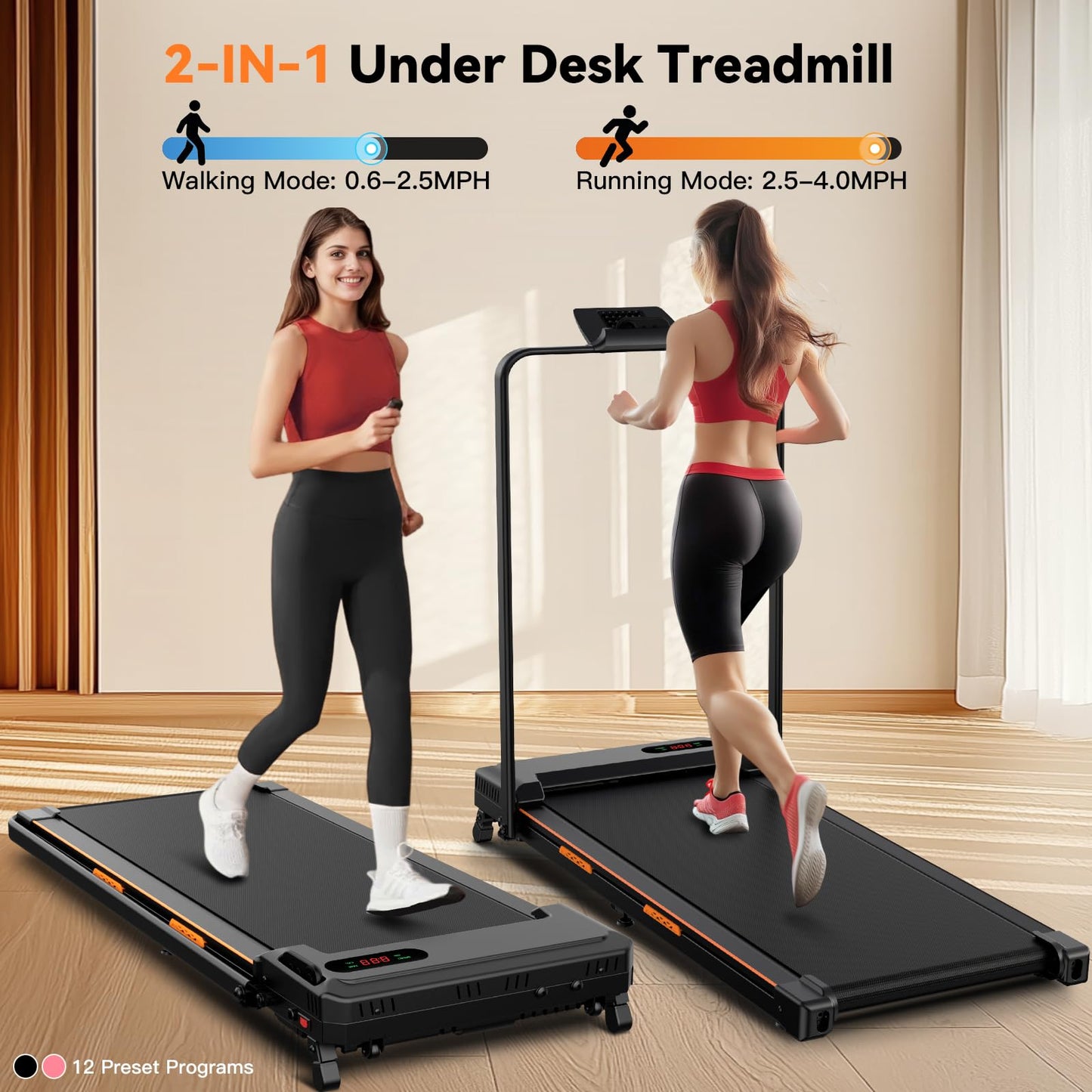 FUNMILY Folding Treadmill with Handles, Foldable Walking Pad Treadmill with Incline and Adjustable Handrails, 3 in 1 Under Desk Treadmills for Home 300 lb Capacity, Running Machine with Handle Bar