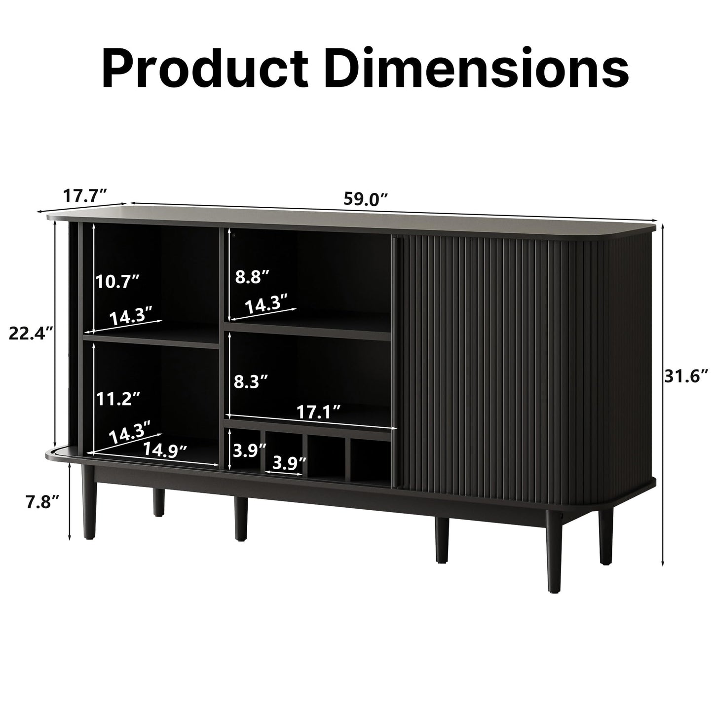 MAISONARIA 59" Wine Bar Cabinet with Storage, Sideboard Buffet Cabinet with Fluted Slide Doors, Modern Coffee Bar Table with 4 Wine Racks for Living Room, Kitchen, Entryway, Black