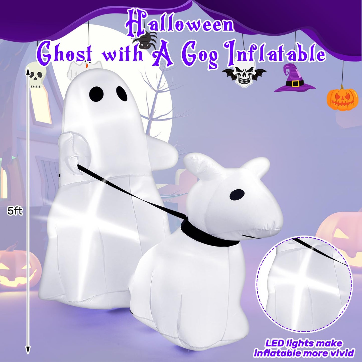 Leyndo 5 ft Halloween Inflatables Ghost Walking Dog Outdoor Decoration Halloween Blow up Yard Decorations with Built-in LED Lights for Garden Lawn Patio Holiday Party Decor