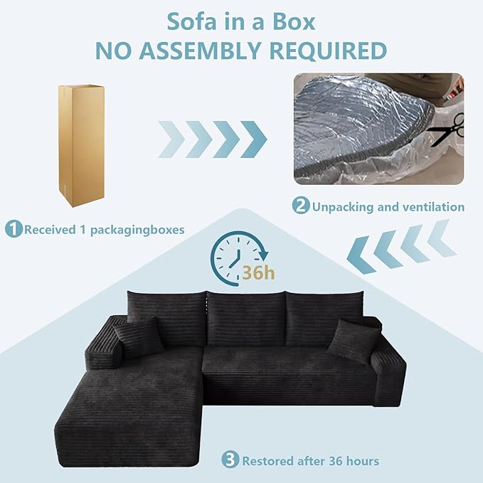 95" Cloud Sectional Couch with L-Shape Chaise, Modern Corduroy Boneless Couch for Living Room,Memory Foam Sofa with Deep Seat,No Assembly Required (Black,Left-Facing Chaise)