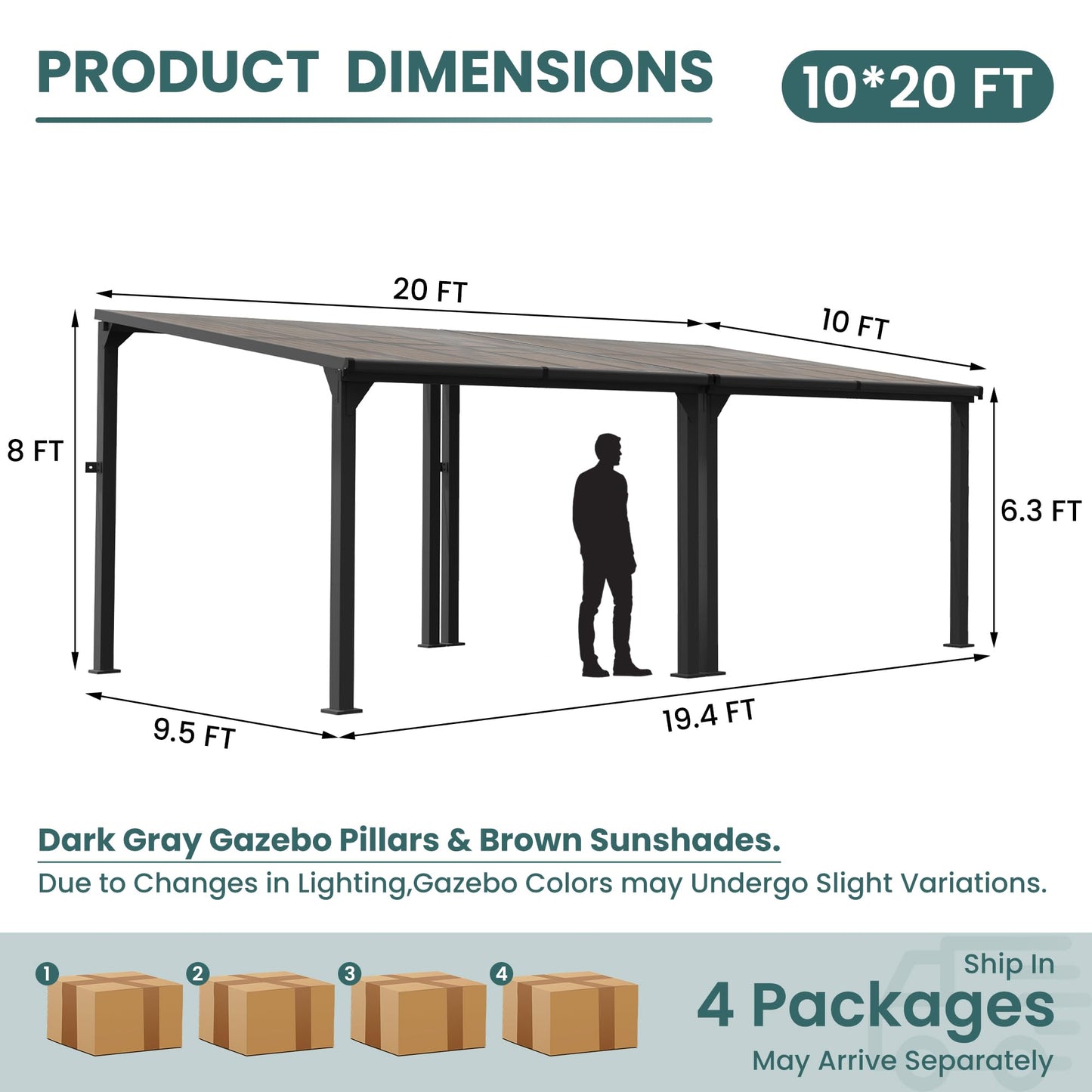Patiopia 10 * 20FT Pergola,4 * 7 Inch Thickened Pillars & Enlarged Base,Outdoor Hardtop Lean to Gazebo,Wall Mounted Pergola,Pergolas Gazebos Clearance,Aluminum Frame Pergola,UV Resistant Patio Roof
