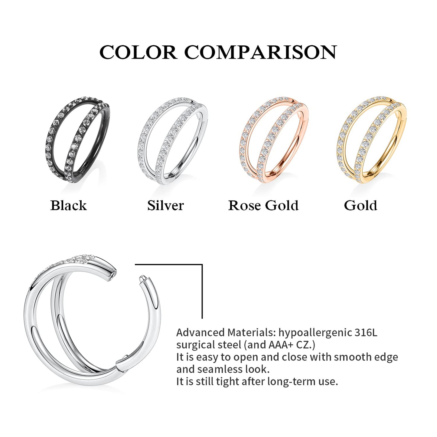 GAGABODY 20 Gauge Helix Earring Double Open Stack Hoop 6mm Hoop Earrings 20g Nose Hoop Septum Jewelry CZ Rose Gold Surgical Stee